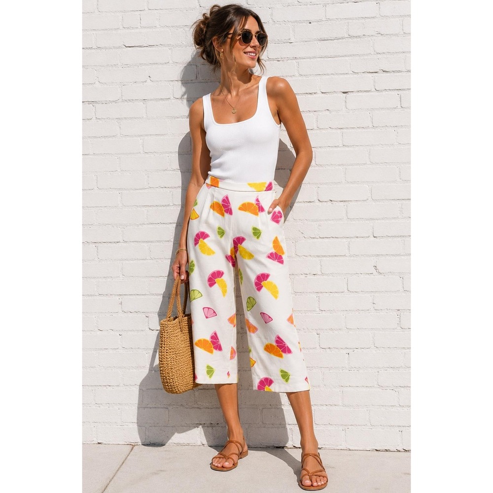 Vintage Briggs White Cotton Citrus Fruit Print Cropped Wide Leg Pants Size 10